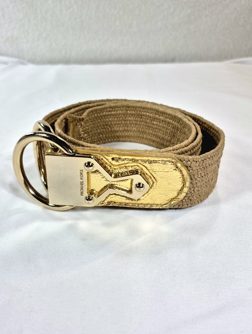 Michael Kors Palgol Jute Woven Stretch Belt Tan Gold Metallic Size S/M Vintage